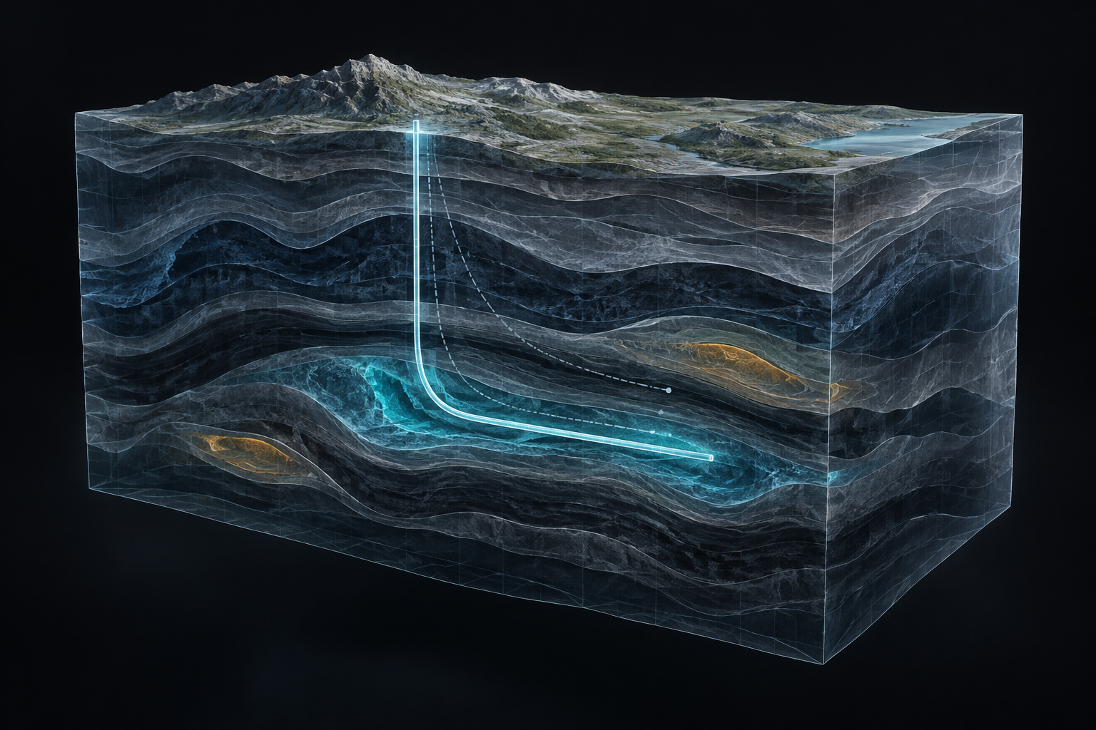 Conceptual 3D geological cutaway with a cyan well path bending through a subsurface reservoir